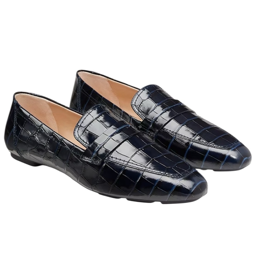 Stuart Weitzman Navy Blue Crocodile Embossed Leather Jet Loafers Shoes Size 6